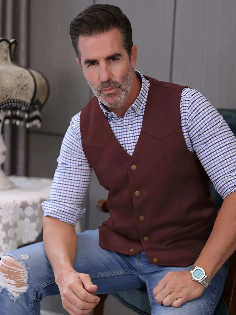 Vintage Suede Leather Men's Vest Slim Fit Sleeveless Jacket V-Neck Regular Fit Suit Vest Waistcoat for Prom