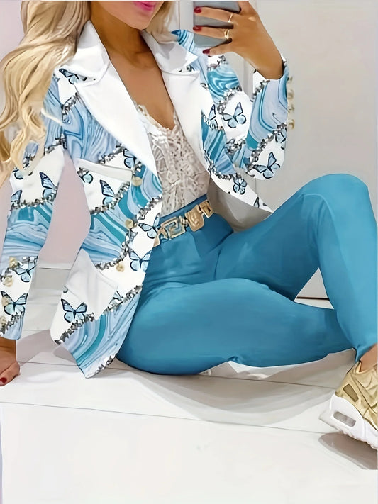 Ladies' elegant two-piece set, butterfly print long sleeved lapel double breasted suit jacket and solid color leggings clothing