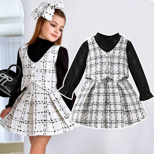 Baby Girl Spring and Autumn High Neck Long sleeved Dress 3 Pcs Set Vest+Base Coat+Short Skirt Children Clothing Age For 2-7 Year