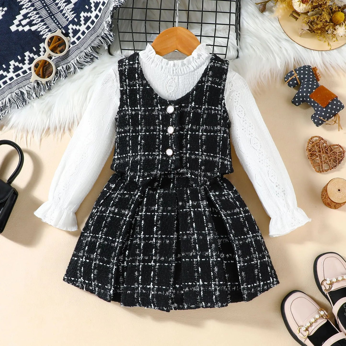 Baby Girl Spring and Autumn High Neck Long sleeved Dress 3 Pcs Set Vest+Base Coat+Short Skirt Children Clothing Age For 2-7 Year