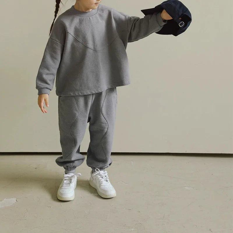 2025 Winter New Children Plus Velvet Thick Clothes Set Solid Boys Girls Fleece Sweatshirt + Pants 2pcs Suit Kids Warm Outfits