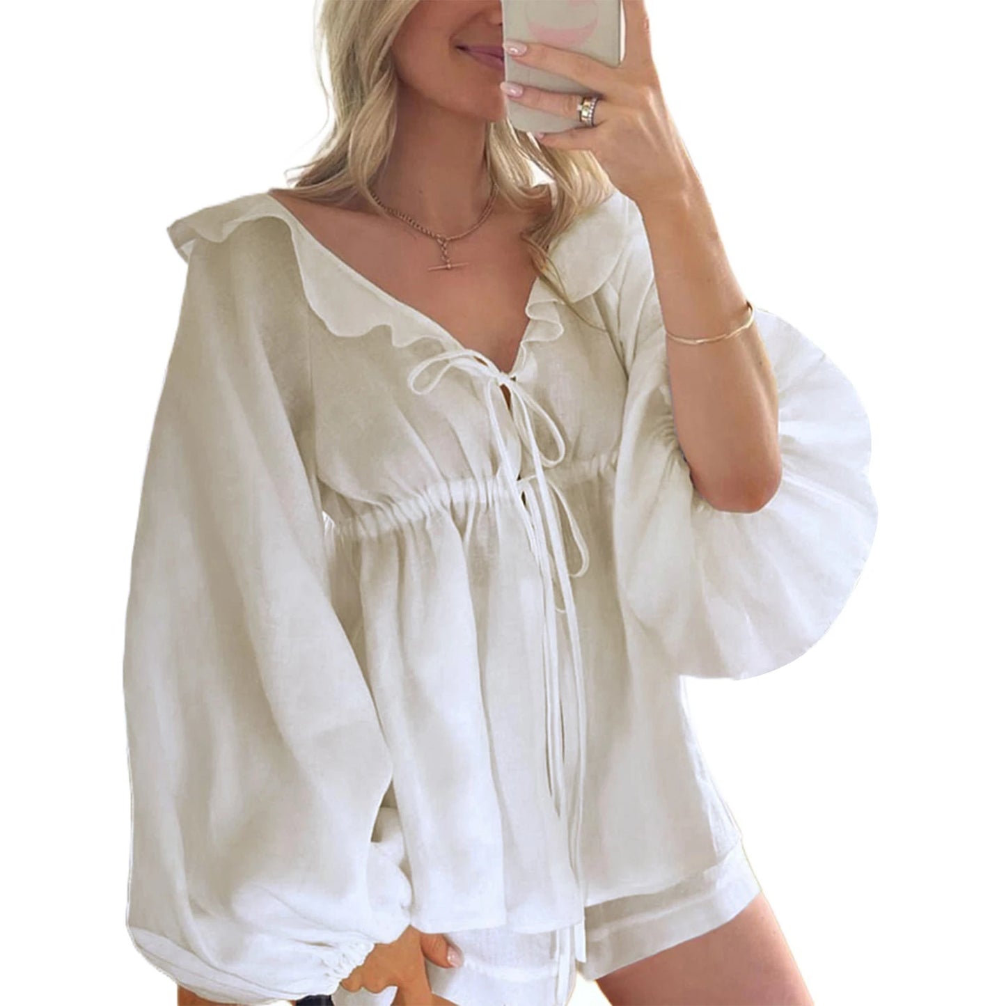 Women 2 Piece Outfits Ruffle Loose Tie Front Long Sleeve Shirt and Casual Elastic Shorts Club Streetwear Summer Clothes