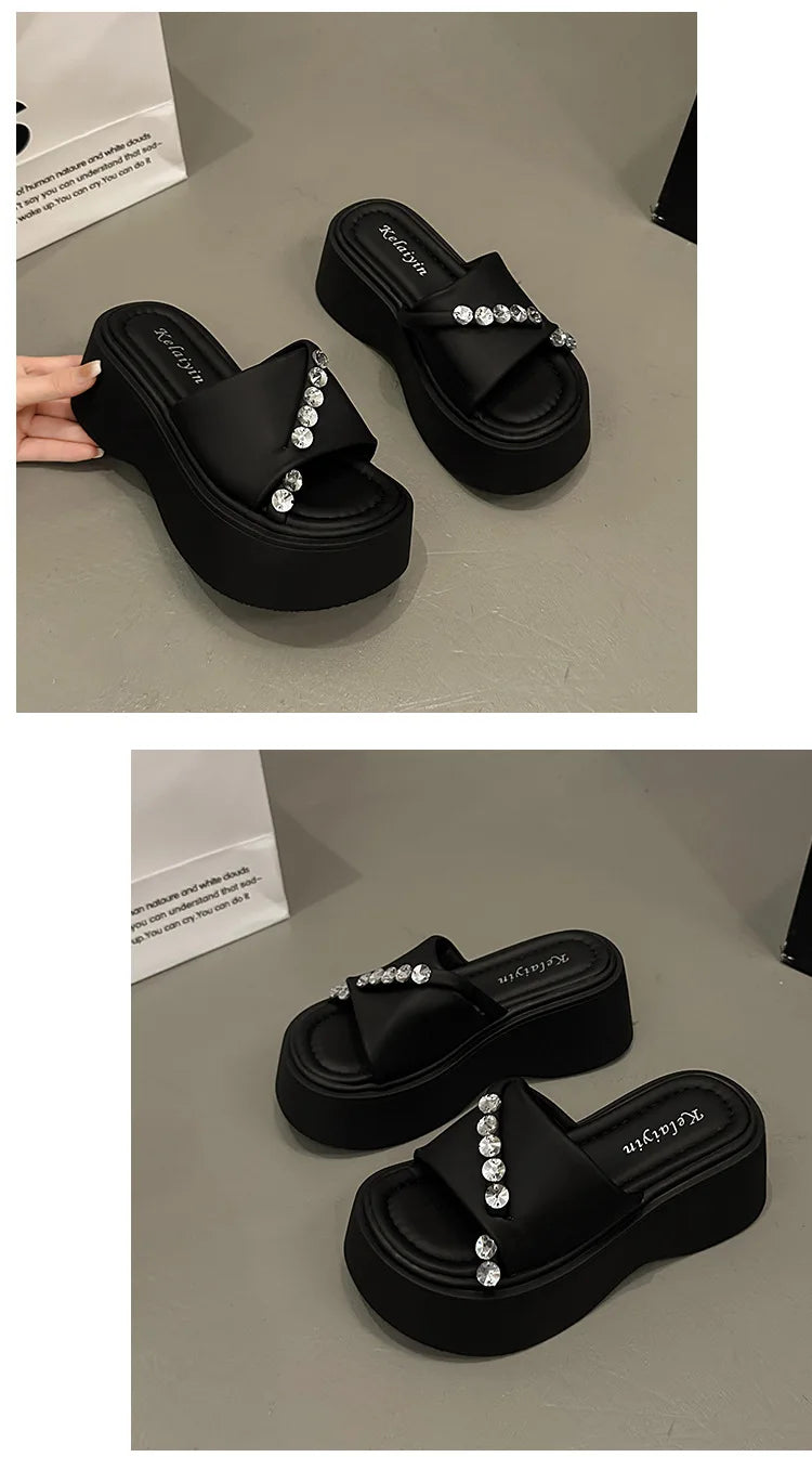 2024 Rhinestones Summer Sandals for Women Fashion Outdoor Wear Slippers high-end Thick Soled Shoes Ladies Elegant Beach Sandals