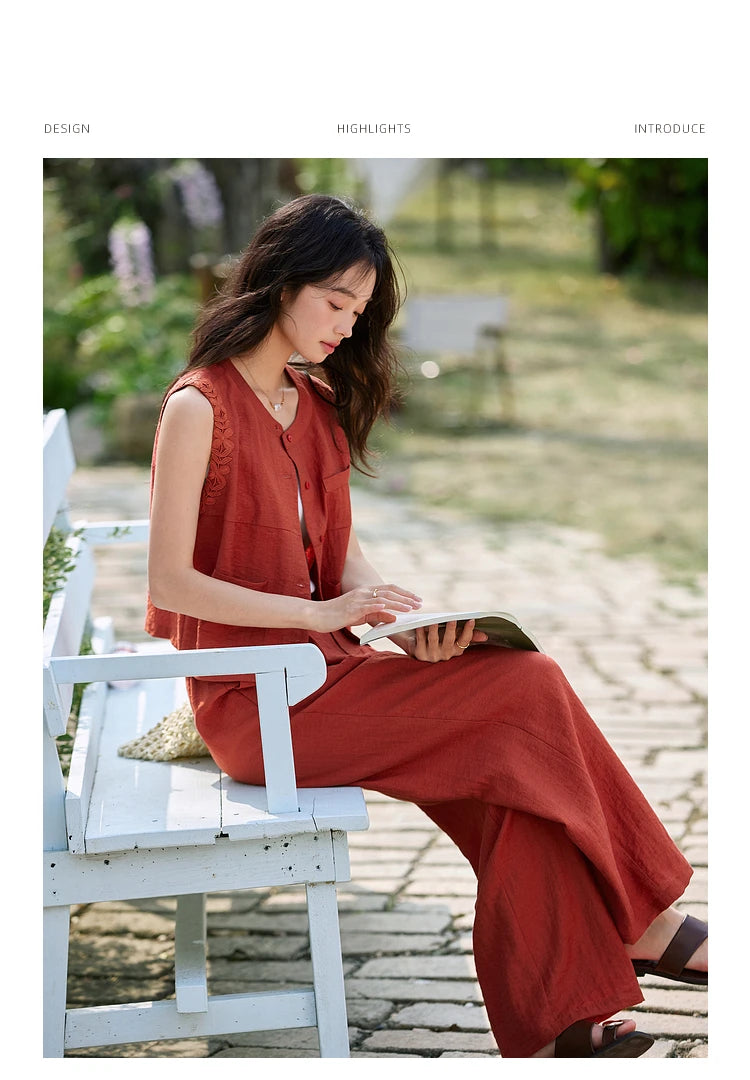 VIMLY Fashion Temperament Suit Women's Summer 2025 New Design Sleeveless Vest Wide-leg Pants Two-piece Set A0820