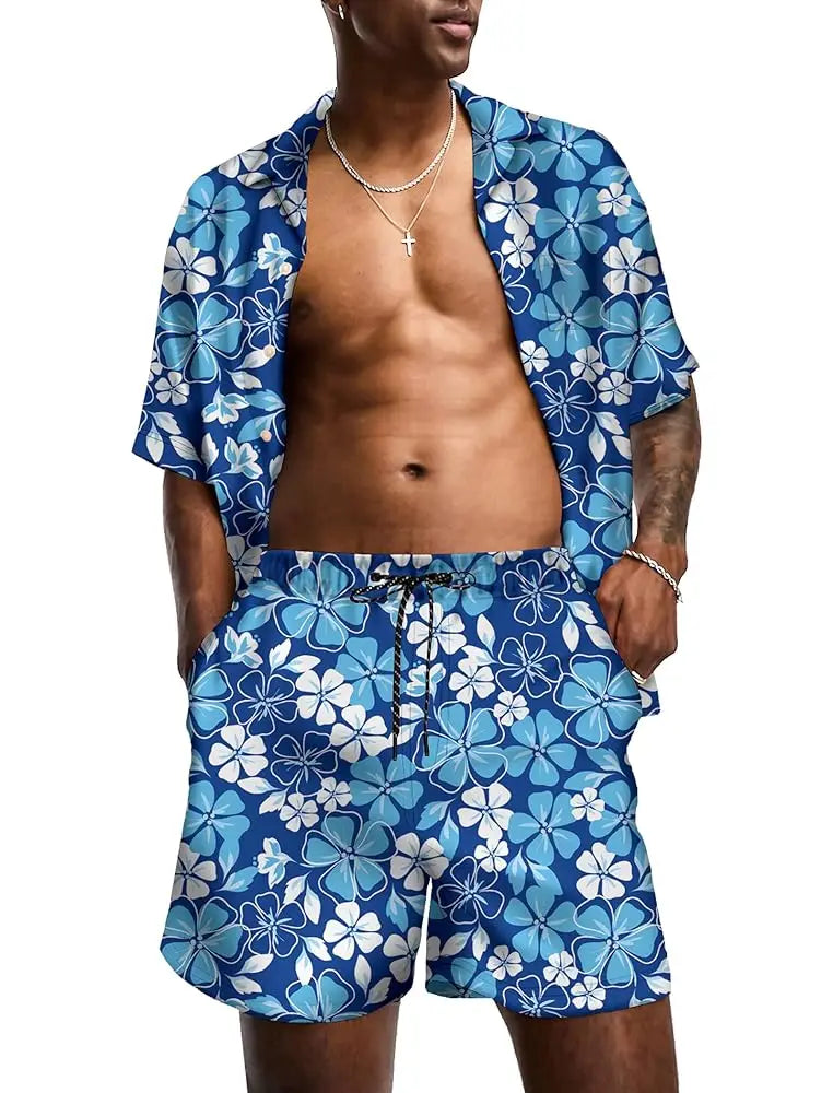 KYKU Mens Hawaiian Shirt and Short Set - Summer Short Sleeve Button Down Beach Shirts Tropical Vacation 2 Piece Outfits