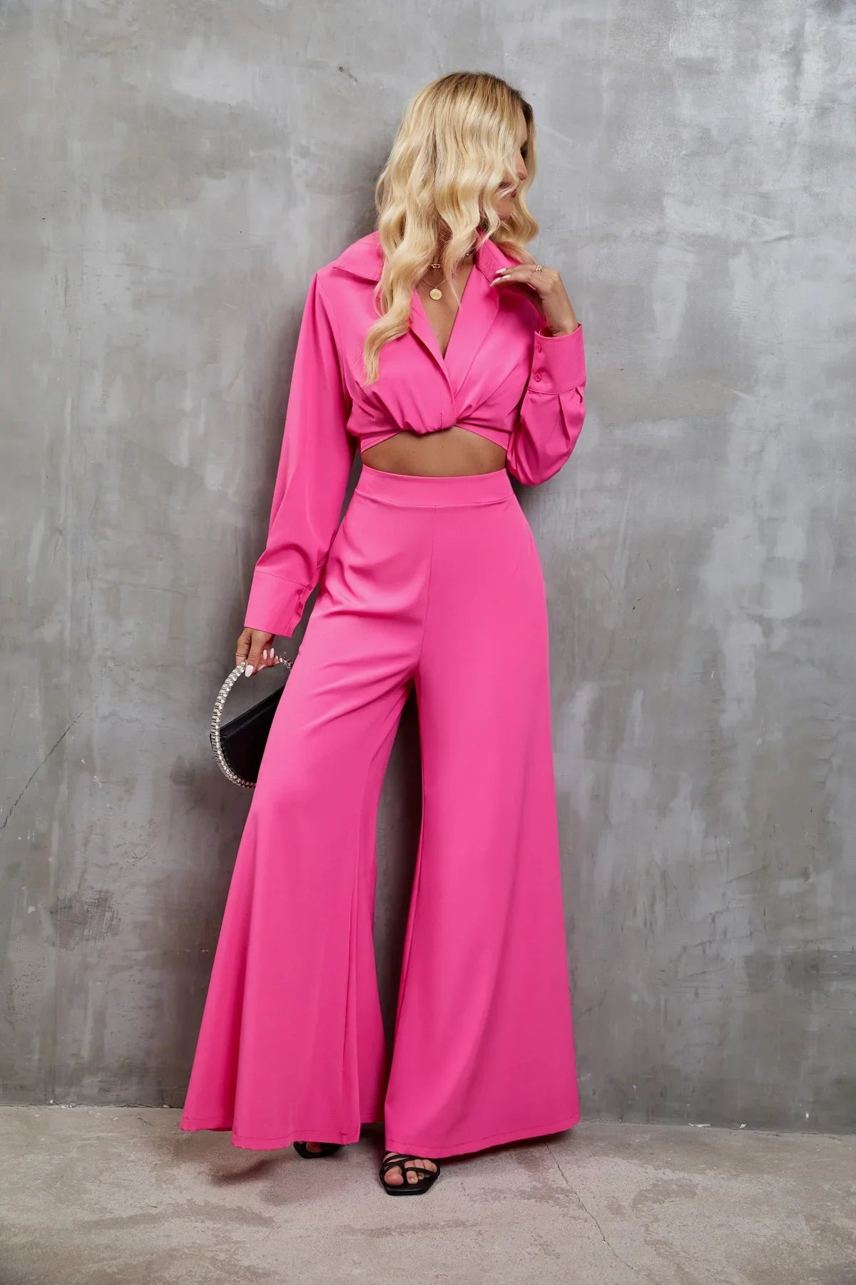 2024 New Women Set Solid Color Long Wide Leg Pants Women's Two-piece Set Fashion Casual Long Sleeves Shirt Jacket Suit Autumn