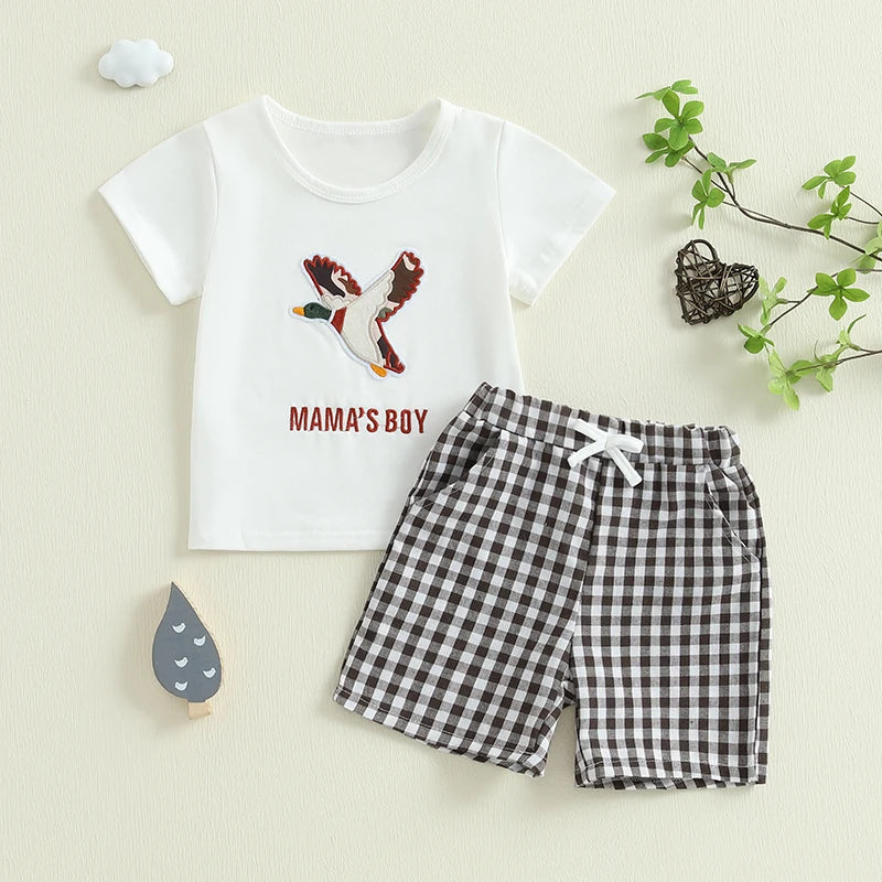 Toddler Boys Casual Outfits Cute Animal Print Short Sleeves T-Shirt and Elastic Denim Shorts Set for Summer Wear