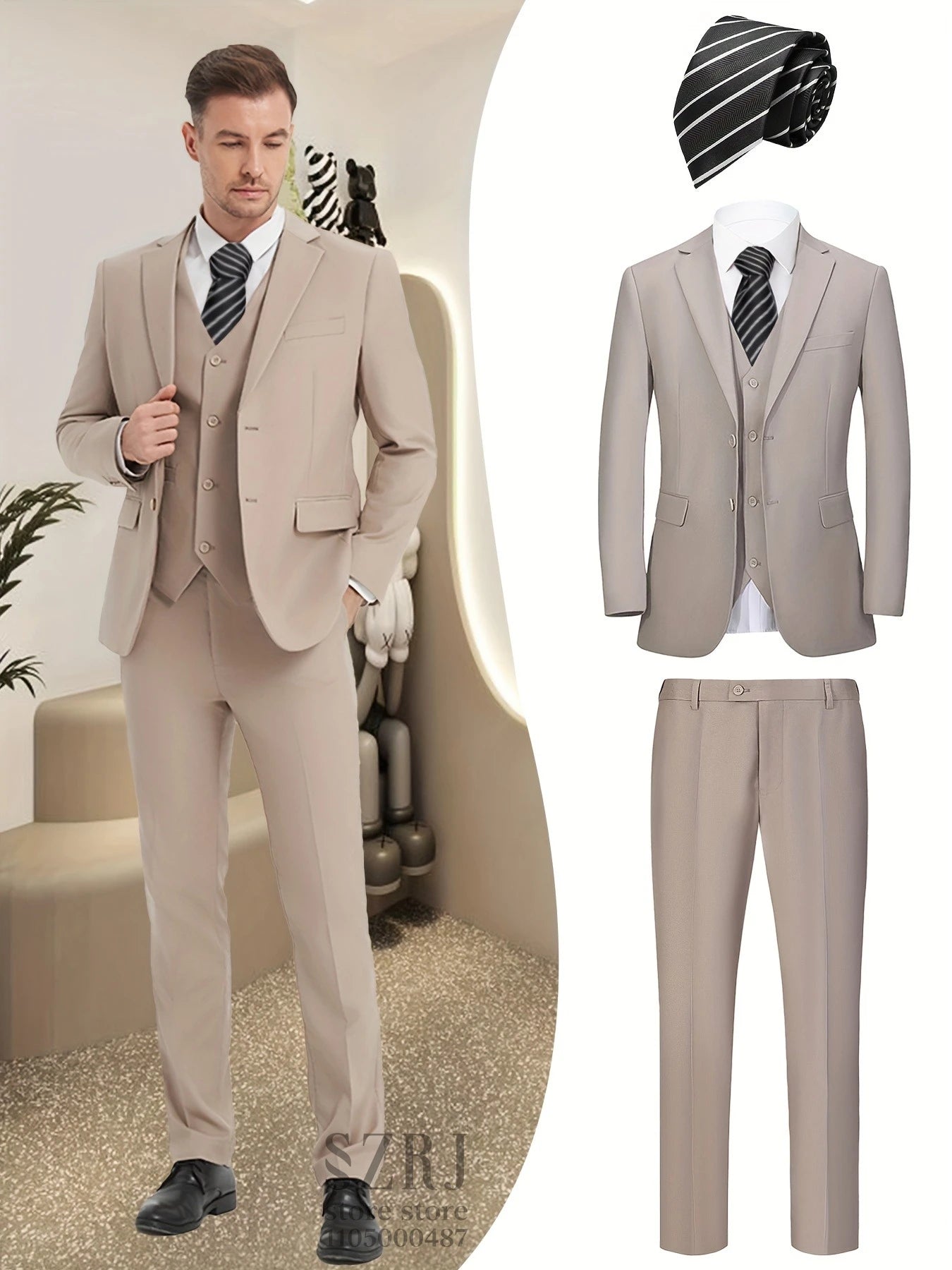 Men's 4-Piece Suit: Jacket+Vest+Pants+Black Tie. V-Neck, Gentleman Style, Premium, Tailored. For Business, Parties, Weddings.
