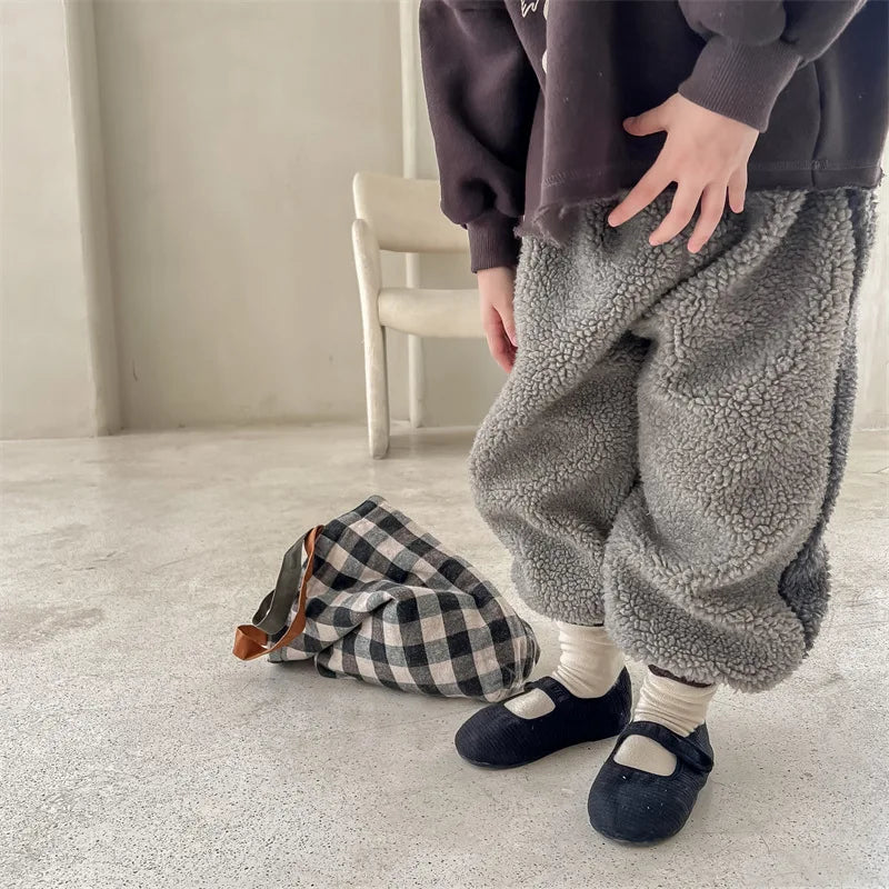 2025 Winter New Children Warm Trousers Baby Loose Lamb Fleece Pants Toddler Girls Casual Pants Solid Baby Boys Harem Pants