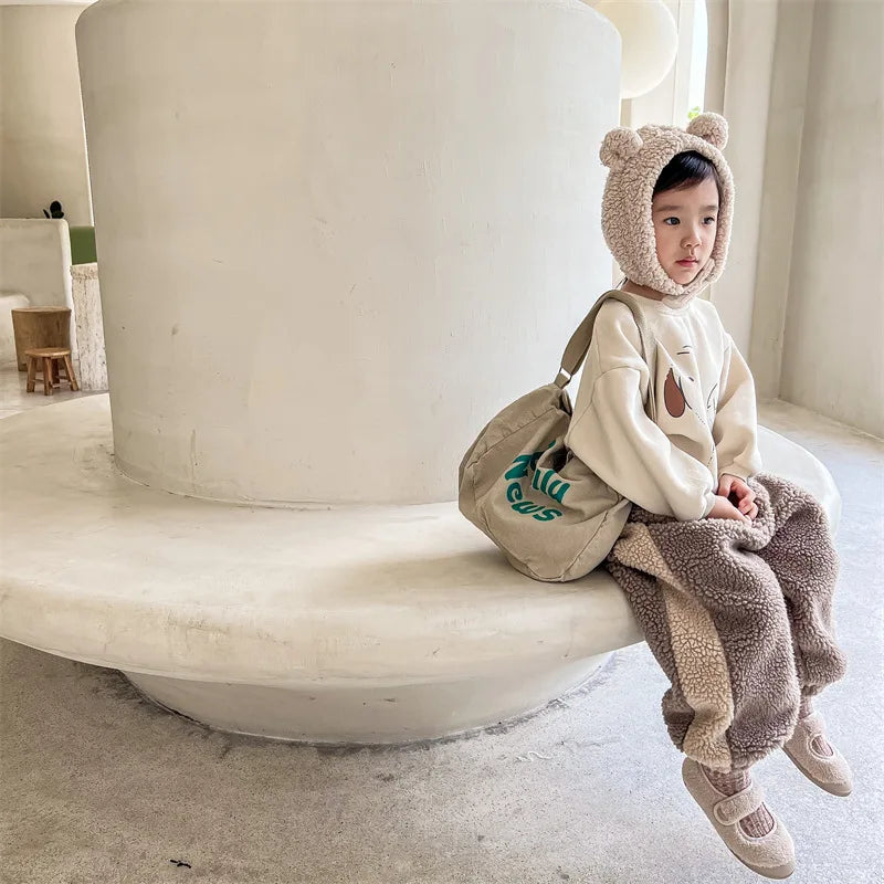 2025 Winter New Children Warm Trousers Baby Loose Lamb Fleece Pants Toddler Girls Casual Pants Solid Baby Boys Harem Pants