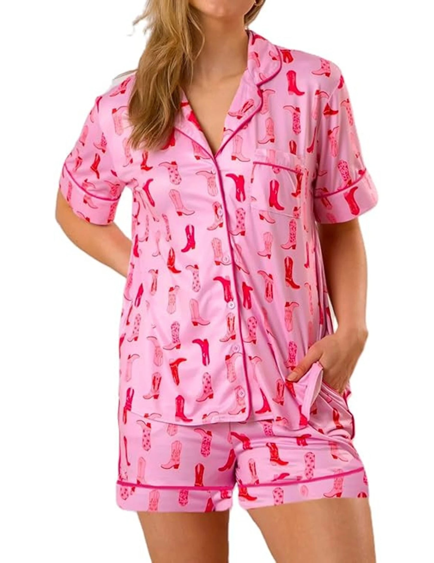 Women 2 Piece Boots Graphic Pajama Set Satin Sleepwear