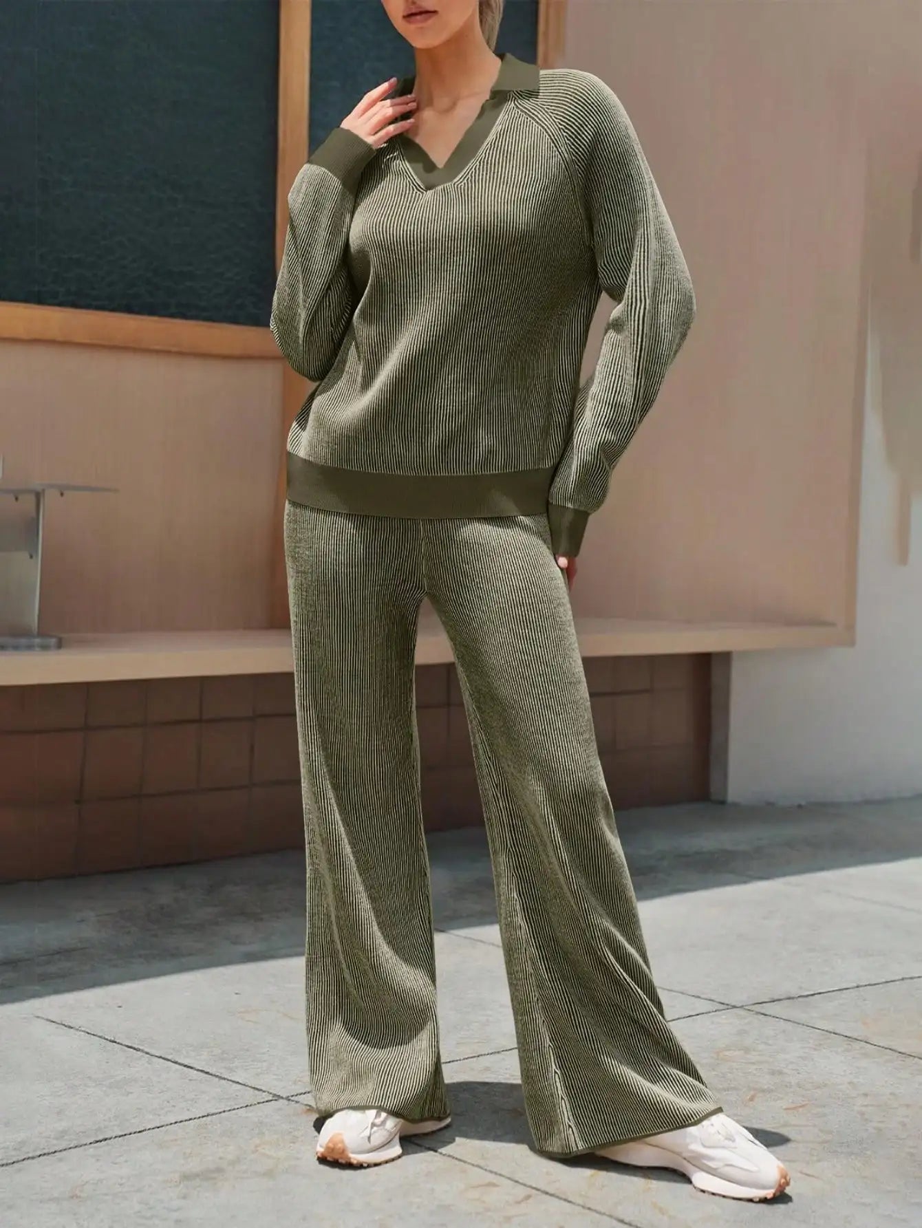 Fisoew Striped Knit Sweater 2 Piece Set | Fall Winter Oversized Loungewear Matching Outfit | Cozy Street Style Casual Tracksuit