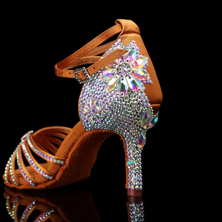 New Diamond Studded Satin High Heels Dance Shoes Fashion Black Brown Crystal Rhinestone Sparkling Latin Dance Performance Shoes