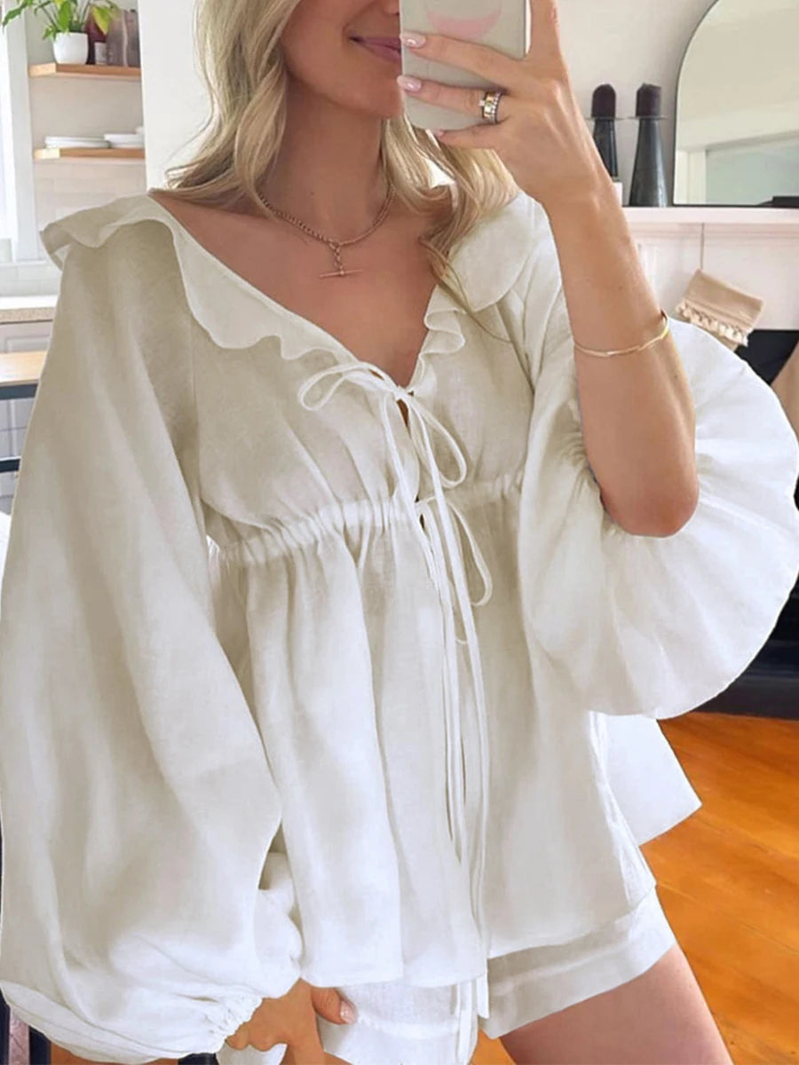 Women 2 Piece Outfits Ruffle Loose Tie Front Long Sleeve Shirt and Casual Elastic Shorts Club Streetwear Summer Clothes
