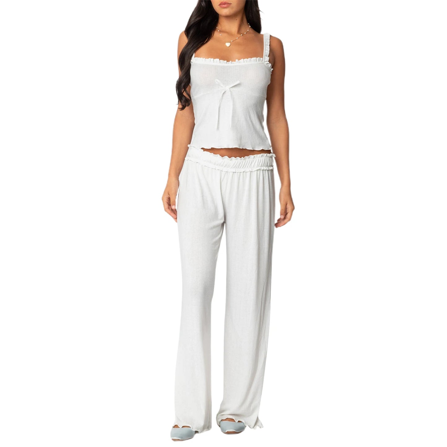 Women s 2-Piece Pajama Set with Lace Trim Square Neck Cami Top and Long Pants Cute Bow Detail Lounge Outfit