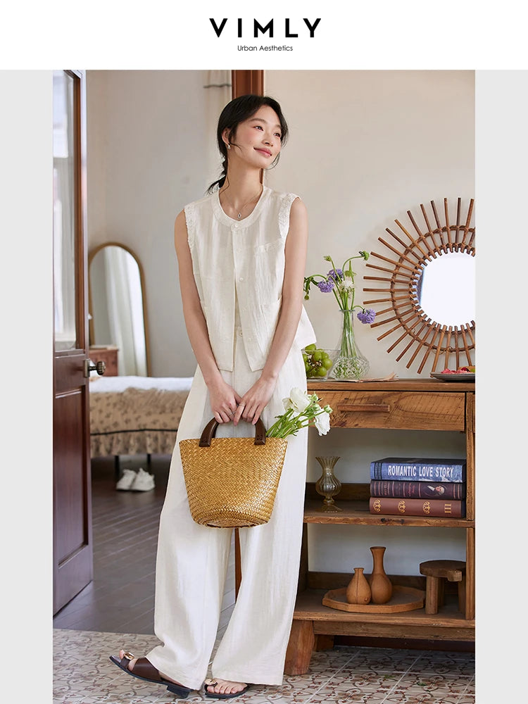 VIMLY Fashion Temperament Suit Women's Summer 2025 New Design Sleeveless Vest Wide-leg Pants Two-piece Set A0820