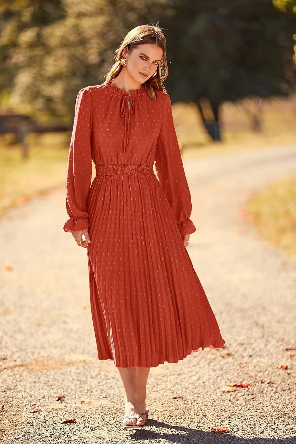 Women's Spring Fall Midi Dress Casual Long/Short Sleeve Elegant and fashionable V Neck Swiss Dot Pleated A Line Flowy Dresses