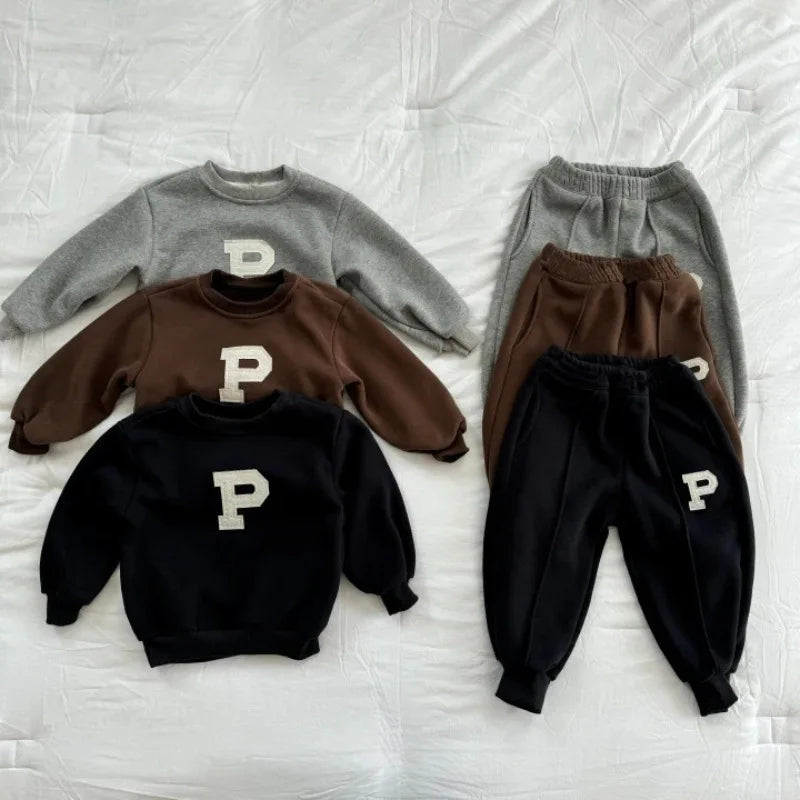 2025 Winter New Boys Girls Letter Sportswear Set Children Fleece Sweatshirt + Sweat Pants 2 Pcs Suit Kids Baby Warm Tracksuit