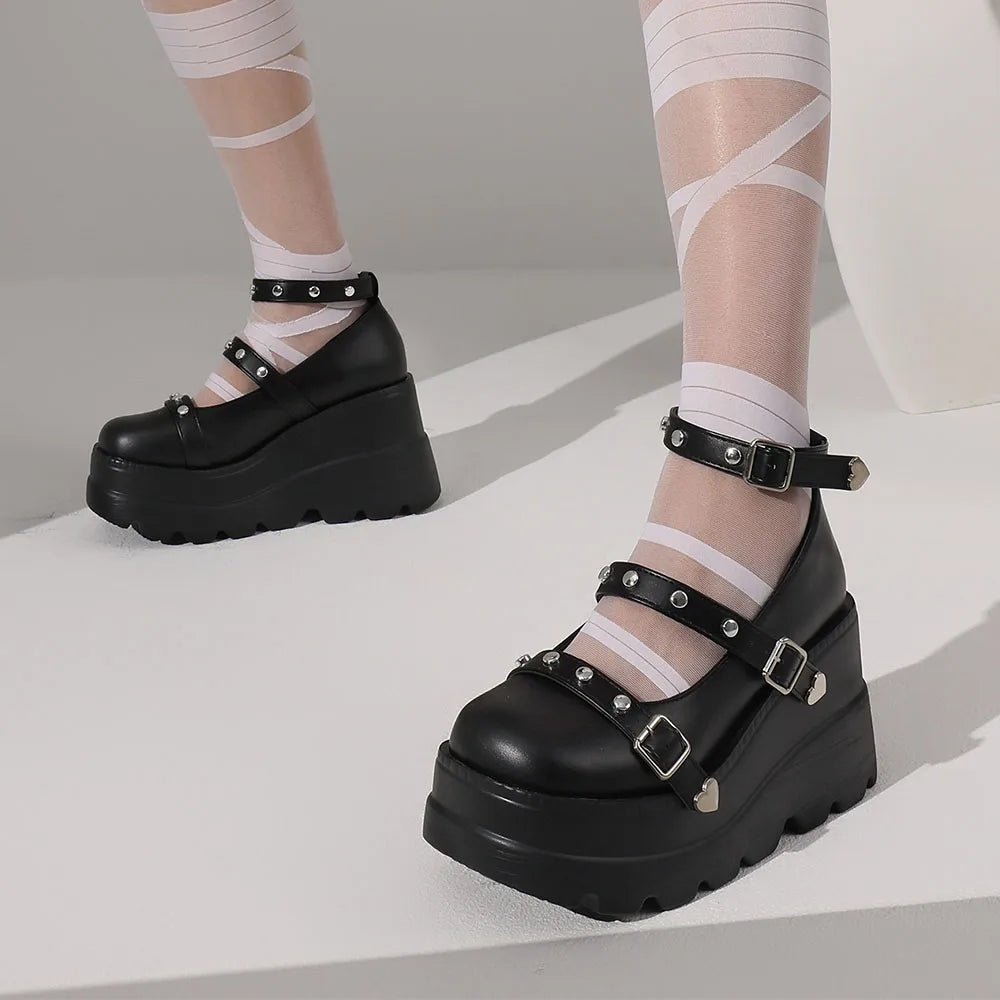 GIGIFOX Women Platform Mary Janes Pumps Buckle Strap High Wedges Heel Shallow Round Toe Shoes Punk Sweet Dress Party Girls Pumps