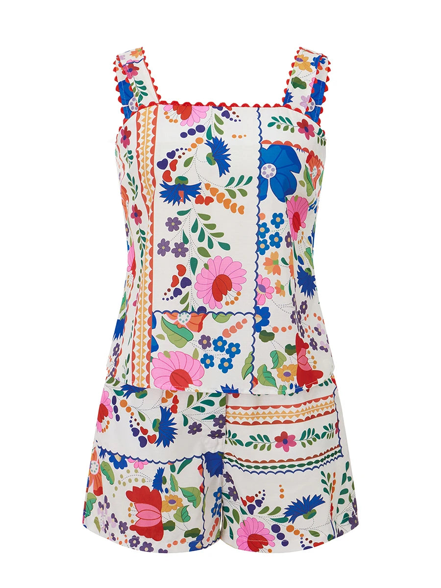 Women s Casual Summer 2-Piece Set with Sleeveless Square Neck Tank Top and Loose Shorts in Floral Print Streetwear Fashion
