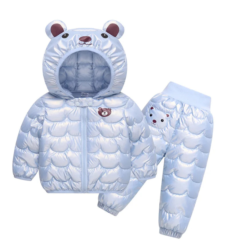2023 New Children's Winter Set Boys and Girls' Down Coat Cartoon Bear Hooded Coat+Pants Baby Snow Thickened Warm Set 0-5Y