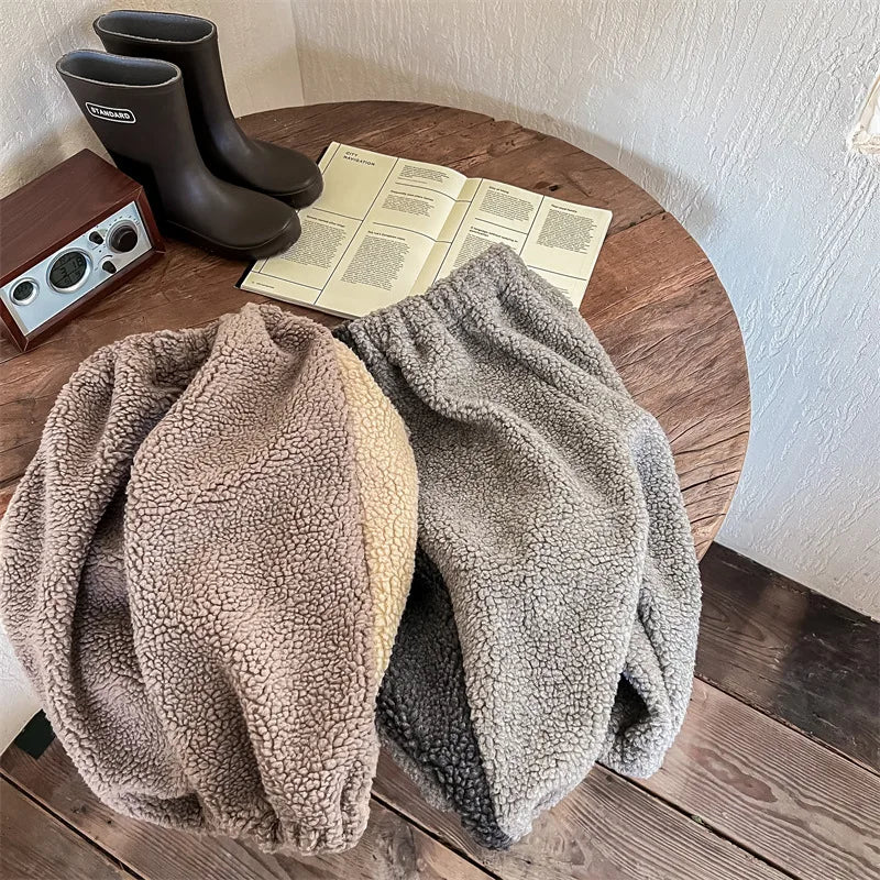 2025 Winter New Children Warm Trousers Baby Loose Lamb Fleece Pants Toddler Girls Casual Pants Solid Baby Boys Harem Pants