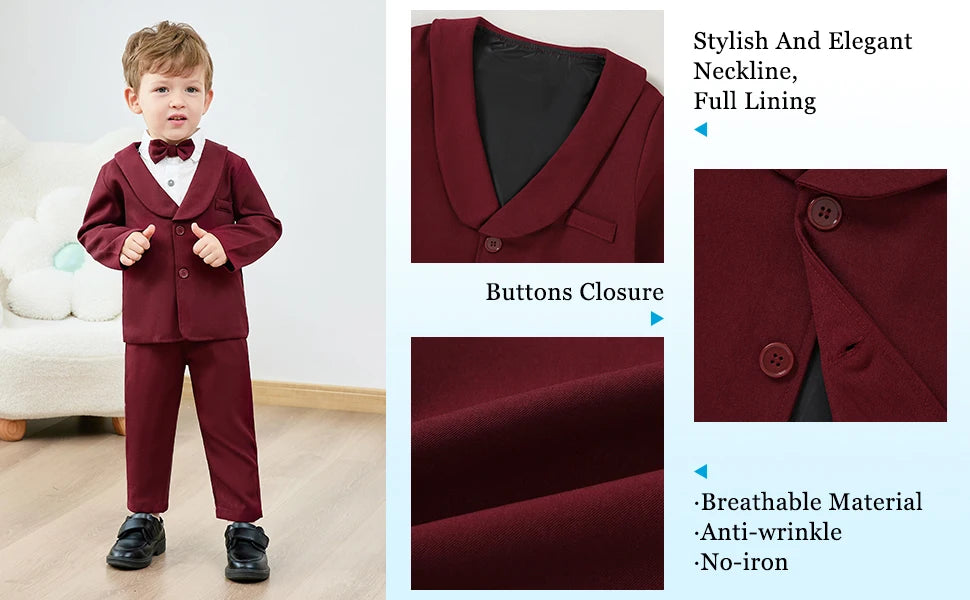 Toddler Boy Suit 5Pcs Formal Gentleman Outfits, Dress Shirt+Bowtie+Jacket+Suspender Pants Wedding Party Clothes Suits