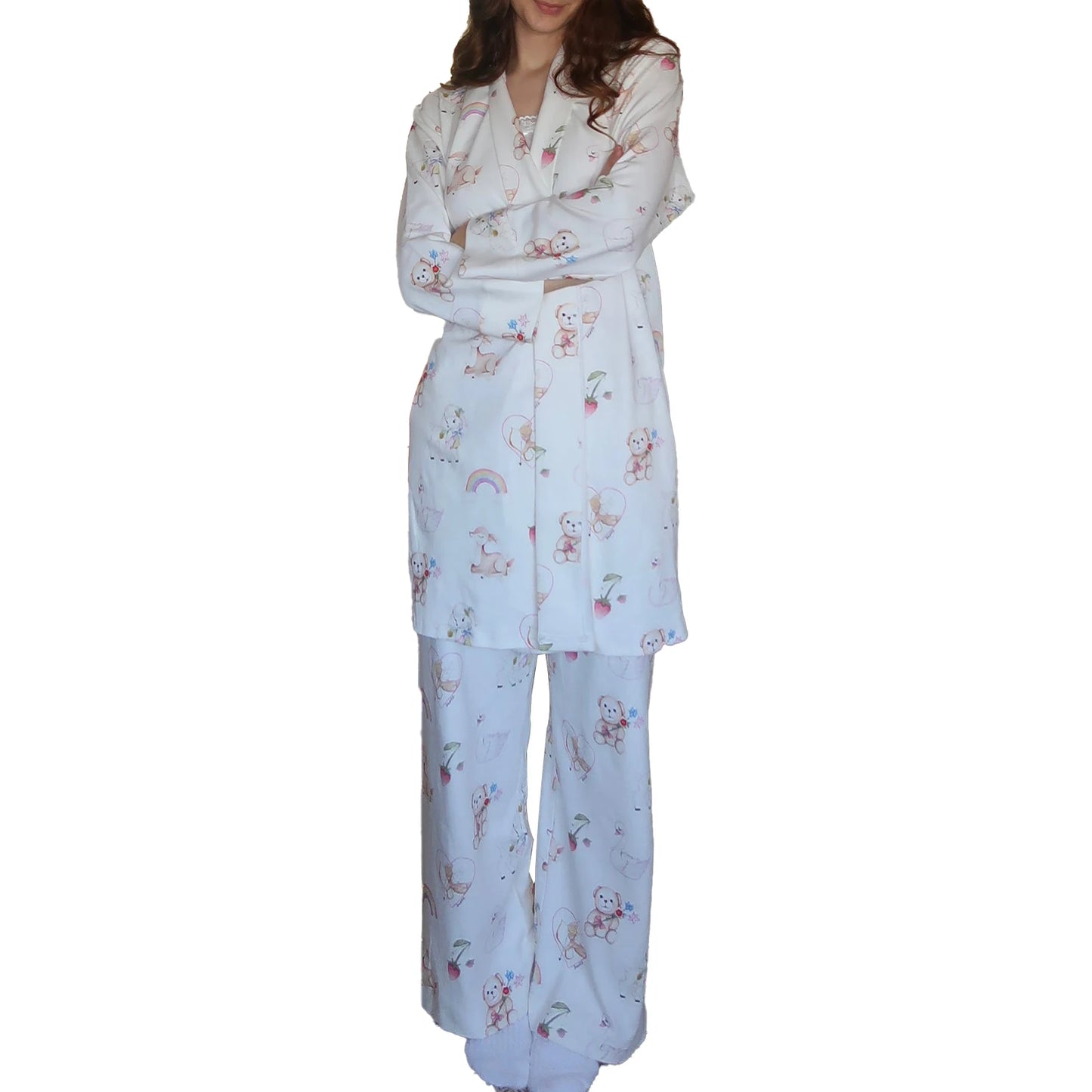 Women’s 2 Piece Weekend Pajama Set Long Sleeve Fruit Cartoon Print Robe Pants Set Loungewear