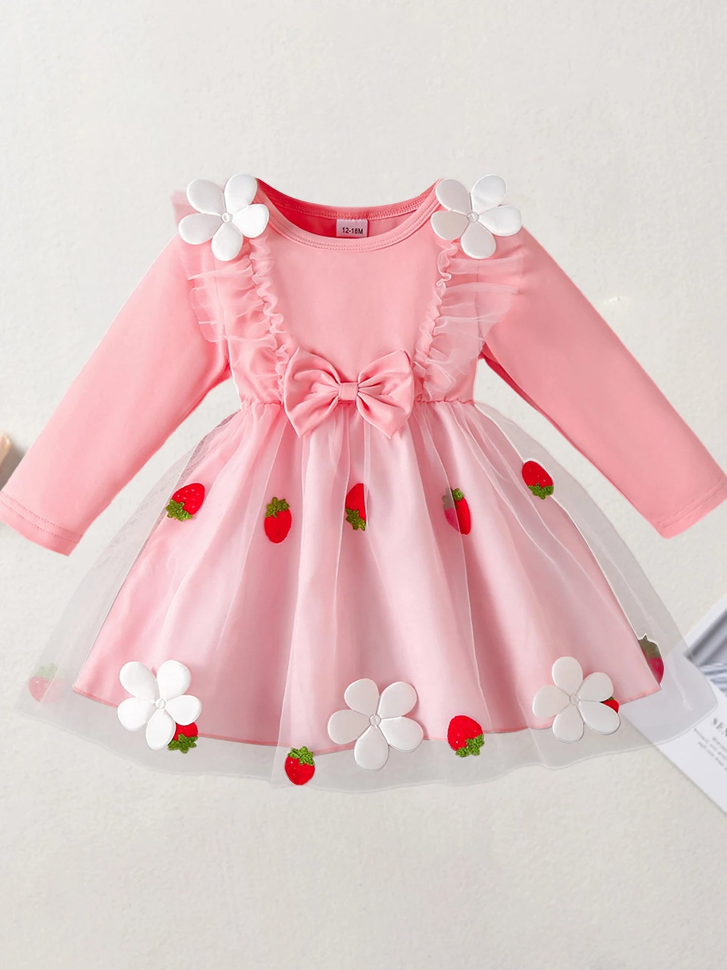 Infant Girls Long Sleeve Crew Neck Dress with Strawberry Embroidery Floral Bow Detail and Tutu Skirt