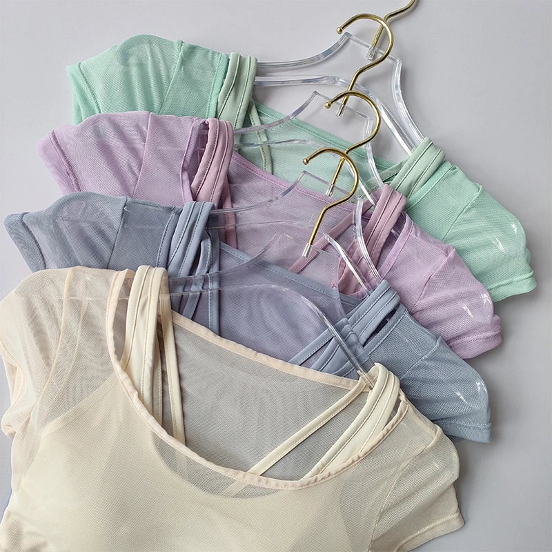Women's Mesh Yoga Shirt Sexy Short Sleeve T-Shirt Pad Sport Top Blouse Quick Dry Gym Shirts Running Fitness Tank Shirt Yoga wear