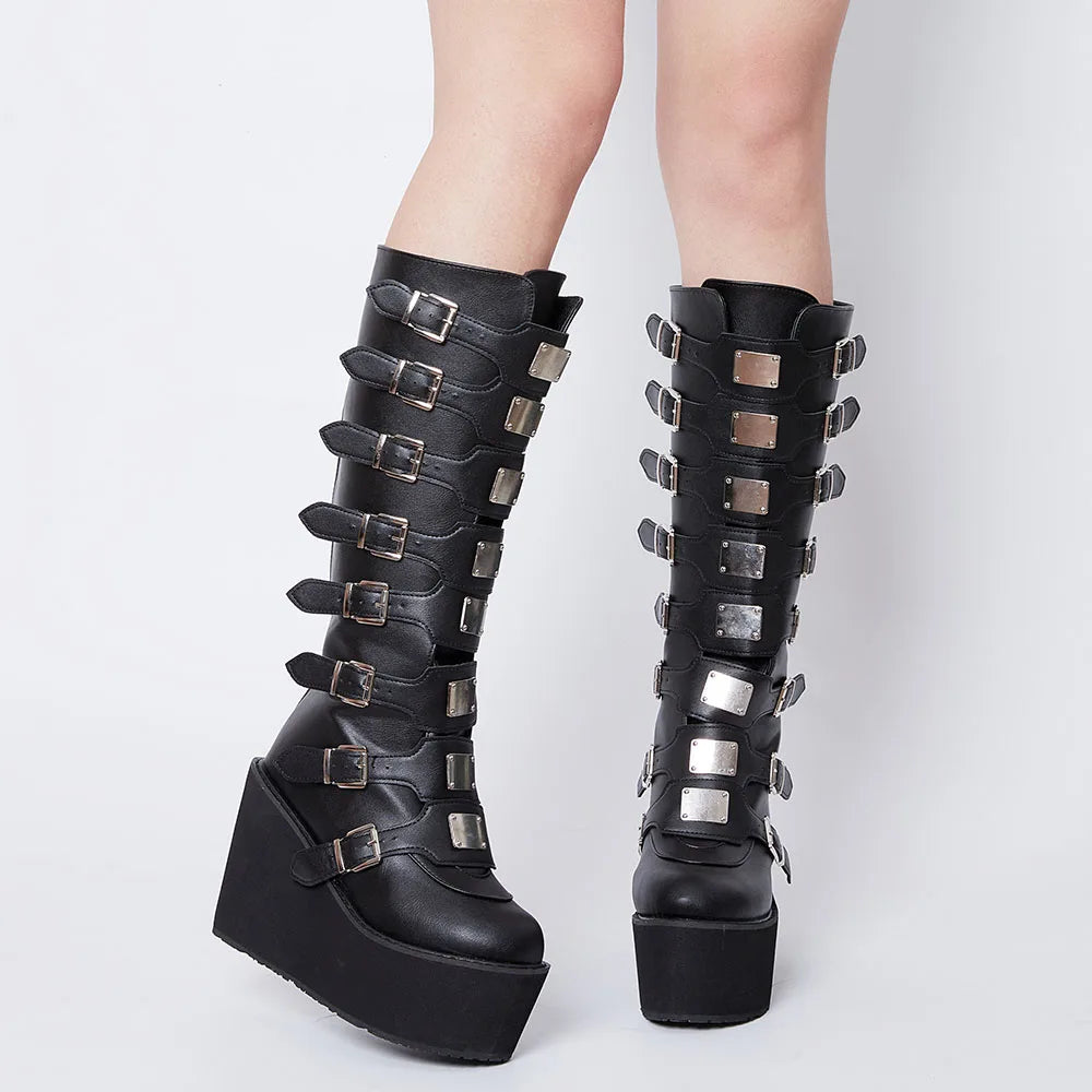 GIGIFOX Women Punk Motorcycle Boots Platform High Wedges Heel Zipper Metal Buckle Mid-Claf Boots Goth Combat Y2K COS Women Shoes