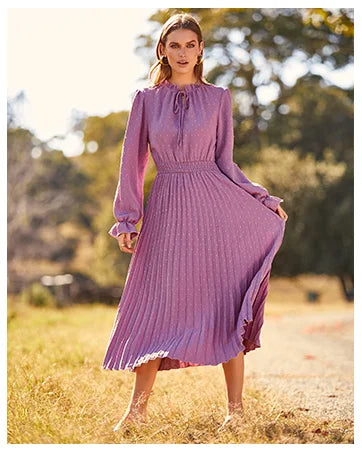 Women's Spring Fall Midi Dress Casual Long/Short Sleeve Elegant and fashionable V Neck Swiss Dot Pleated A Line Flowy Dresses