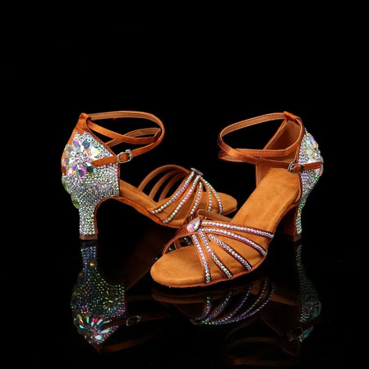 New Diamond Studded Satin High Heels Dance Shoes Fashion Black Brown Crystal Rhinestone Sparkling Latin Dance Performance Shoes