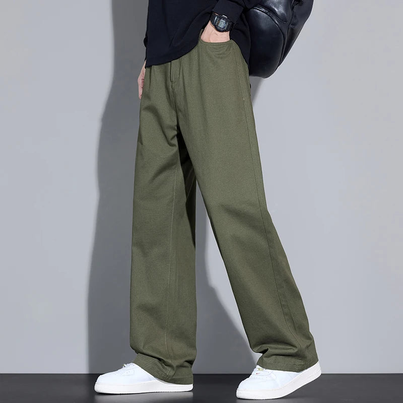 100% Cotton Men's Baggy Wide-leg Pants Soft Breathable Loose Straight Casual Trousers Spring Autumn Fashion Korean Streetwear