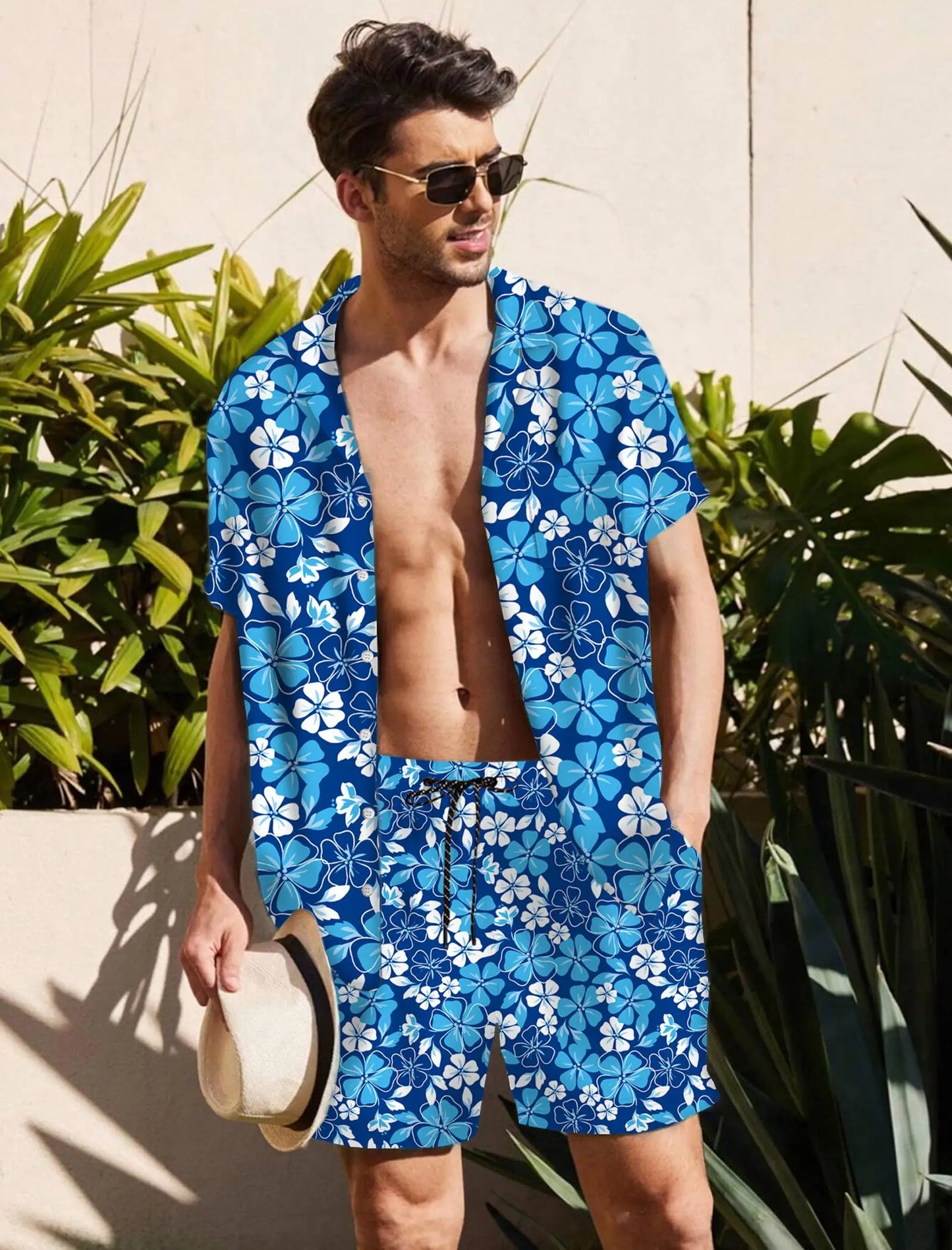 KYKU Mens Hawaiian Shirt and Short Set - Summer Short Sleeve Button Down Beach Shirts Tropical Vacation 2 Piece Outfits