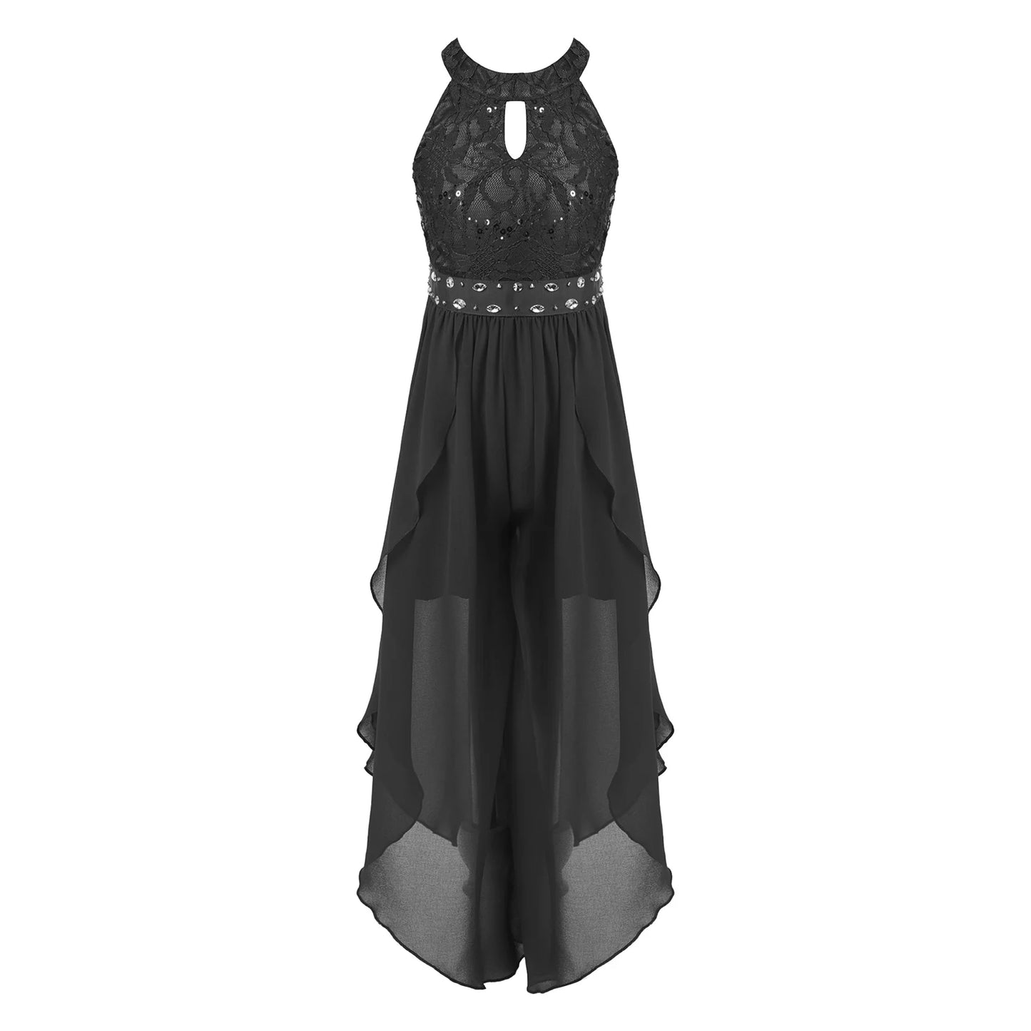 Children's Girls Maxi Romper Dress Sleeveless Floral Lace Rhinestone vestidos Kids Performance Dance Dress Girls Summer Dress