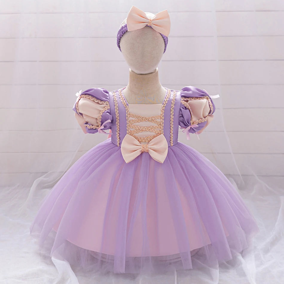 Snow White Rapunzel Sofia Purple Princess Dress Toddler Cosplay Halloween Carnival Party Mesh Gown Girls Birthday Bow Vestidos