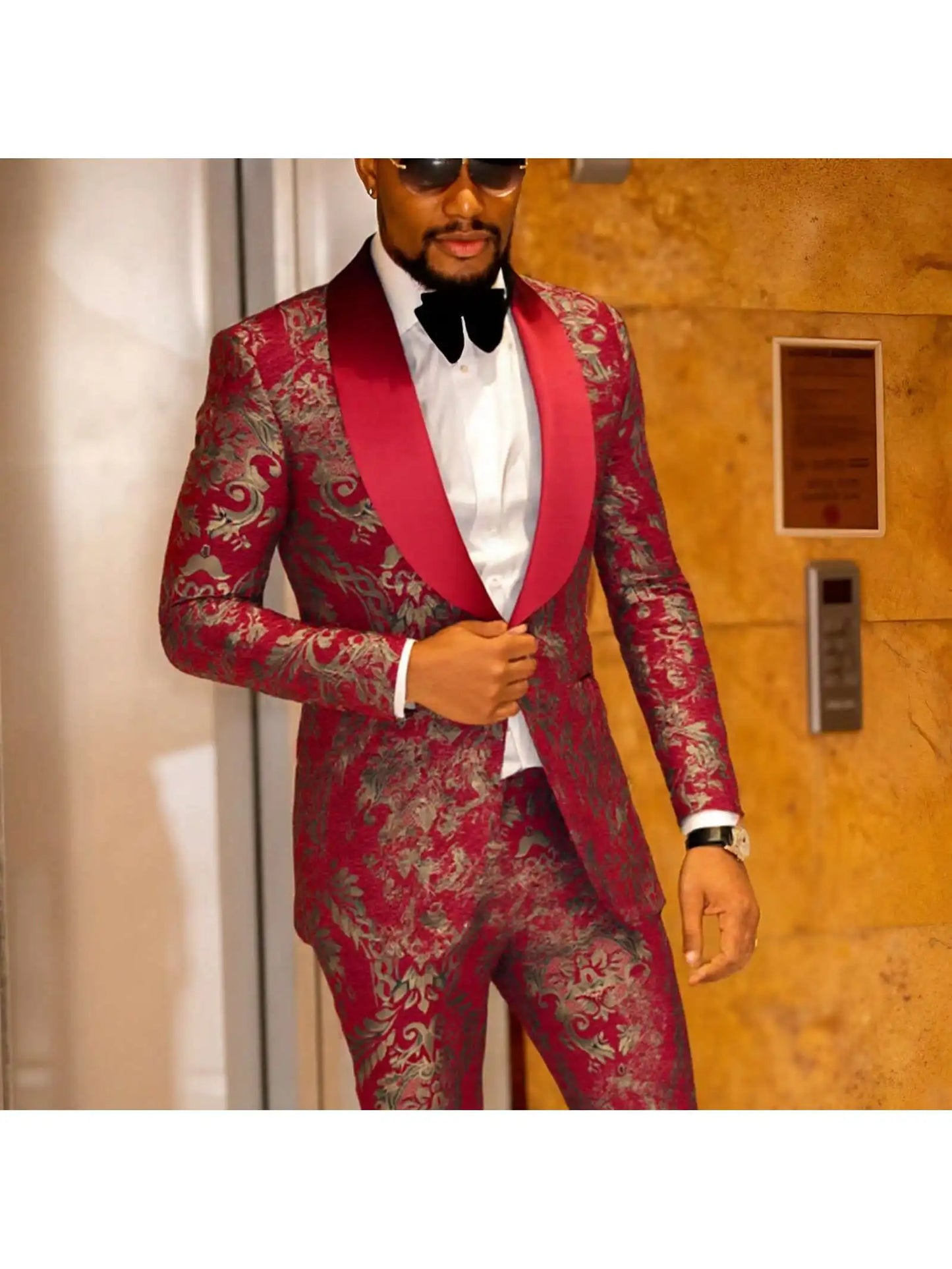 Mens Suit Jacquard Silm Fit 2-Piece Shawl Lapel Tuxedo Wedding Party Prom Suit Set