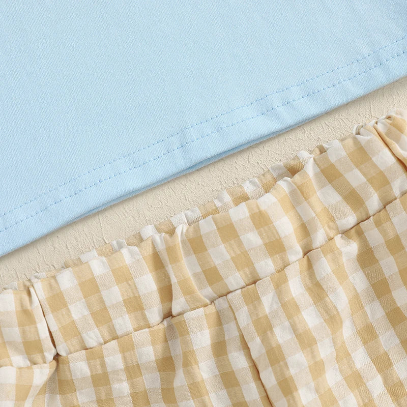 Boys 2-Piece Outfit Set with Embroidered Baseball Tee and Plaid Shorts Elastic Waistband Short Sleeve Top