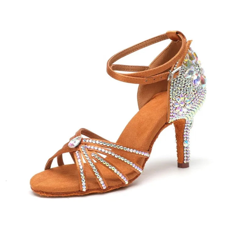 New Diamond Studded Satin High Heels Dance Shoes Fashion Black Brown Crystal Rhinestone Sparkling Latin Dance Performance Shoes