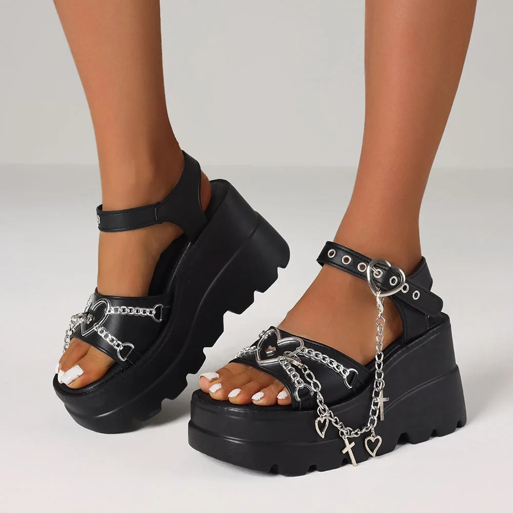Women's Y2K Platform Goth Summer Sandals Fashion Punk Heart Chain Wedges High Heels Casual Party Street Thick Bottom Sandals