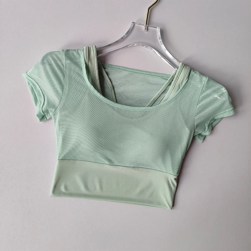 Women's Mesh Yoga Shirt Sexy Short Sleeve T-Shirt Pad Sport Top Blouse Quick Dry Gym Shirts Running Fitness Tank Shirt Yoga wear