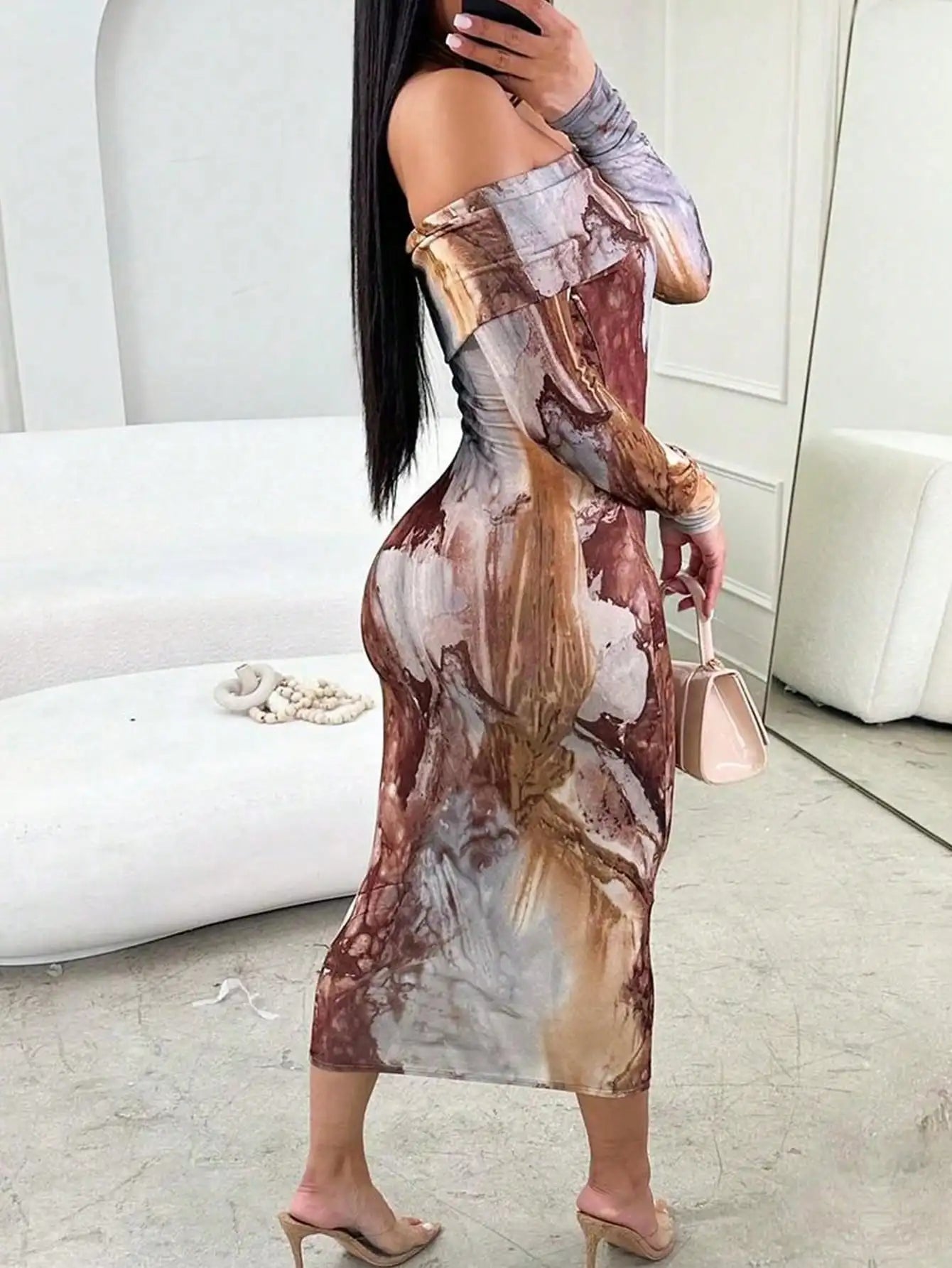 2025 latest women's retro fashion print sexy one-word shoulder long sleeve one-step skirt