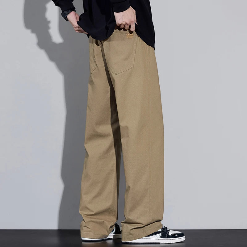 100% Cotton Men's Baggy Wide-leg Pants Soft Breathable Loose Straight Casual Trousers Spring Autumn Fashion Korean Streetwear