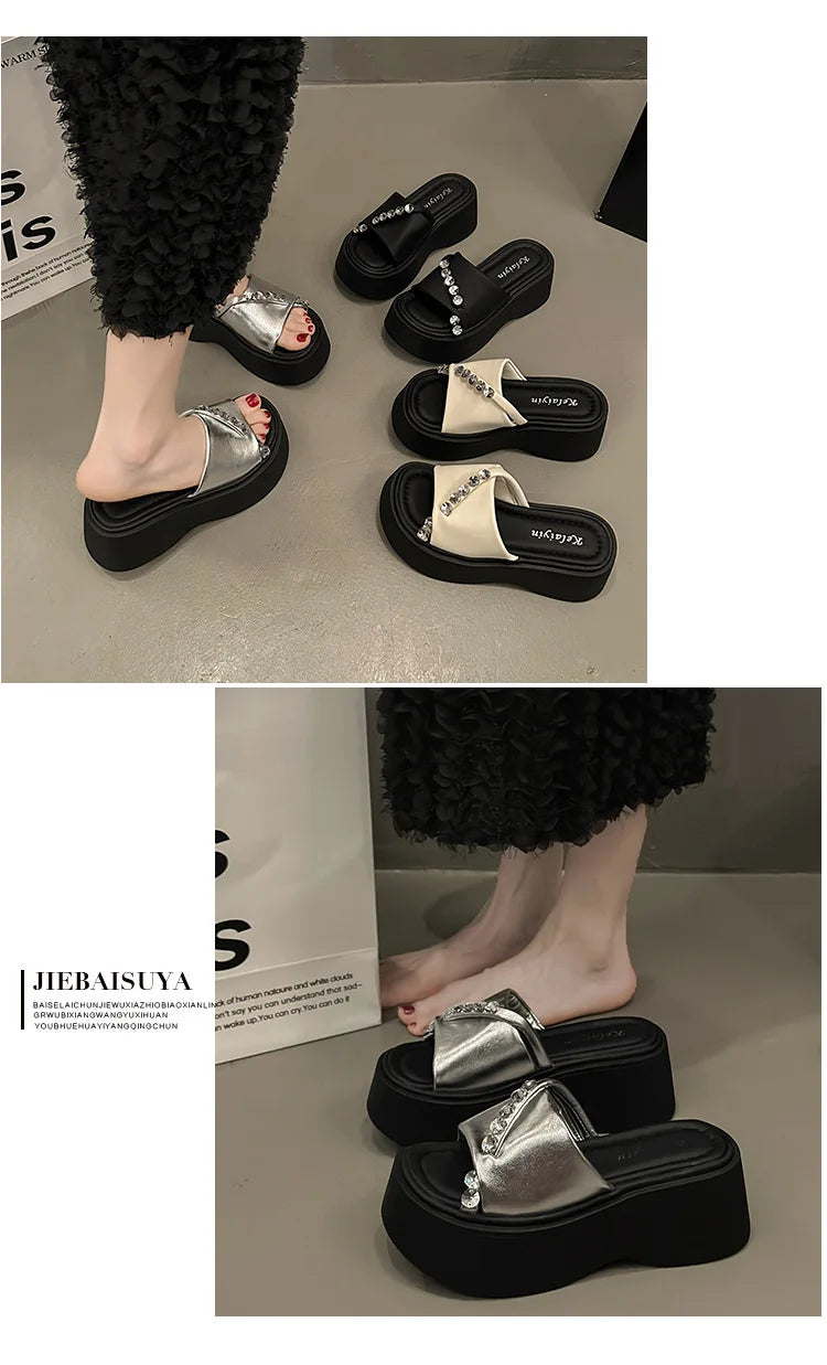 2024 Rhinestones Summer Sandals for Women Fashion Outdoor Wear Slippers high-end Thick Soled Shoes Ladies Elegant Beach Sandals