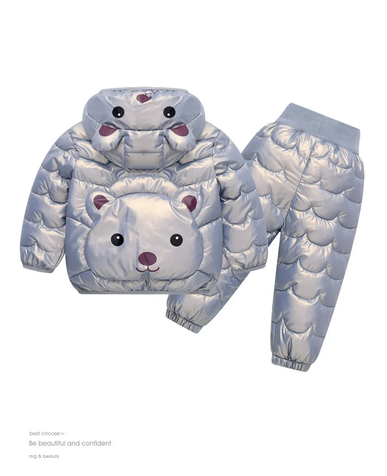 2023 New Children's Winter Set Boys and Girls' Down Coat Cartoon Bear Hooded Coat+Pants Baby Snow Thickened Warm Set 0-5Y