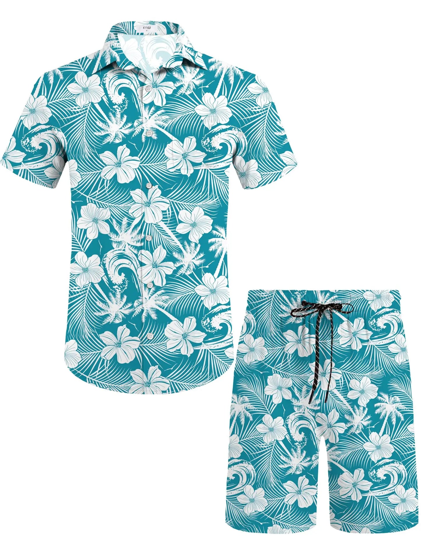 KYKU Mens Hawaiian Shirt and Short Set - Summer Short Sleeve Button Down Beach Shirts Tropical Vacation 2 Piece Outfits