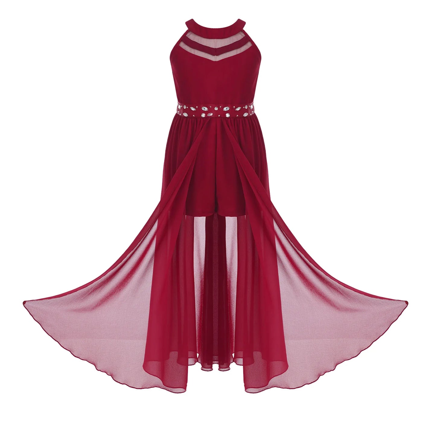 Children's Girls Maxi Romper Dress Sleeveless Floral Lace Rhinestone vestidos Kids Performance Dance Dress Girls Summer Dress