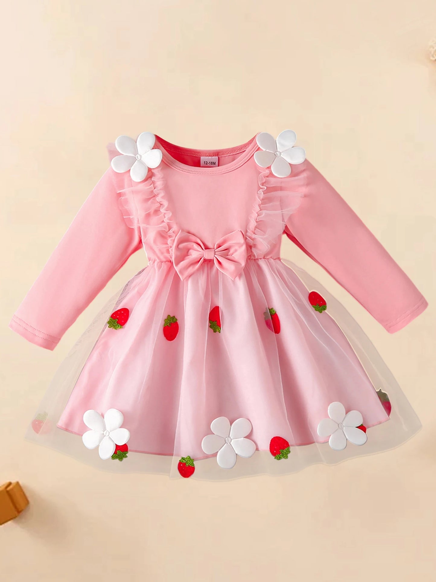 Infant Girls Long Sleeve Crew Neck Dress with Strawberry Embroidery Floral Bow Detail and Tutu Skirt