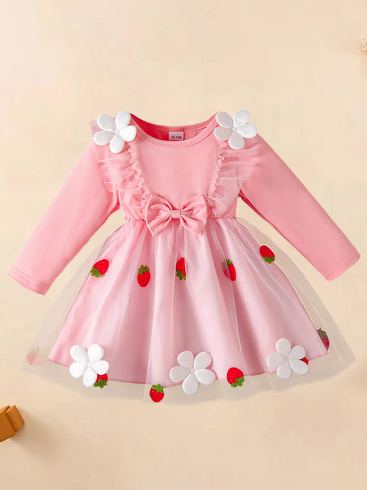 Infant Girls Long Sleeve Crew Neck Dress with Strawberry Embroidery Floral Bow Detail and Tutu Skirt